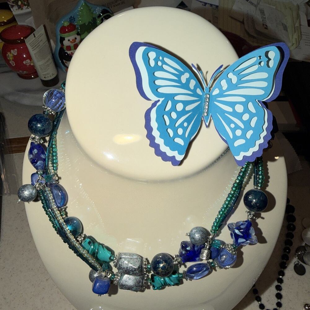 Chicos Silver and Blue Glass And Acrylic Beaded Necklace 38-42”